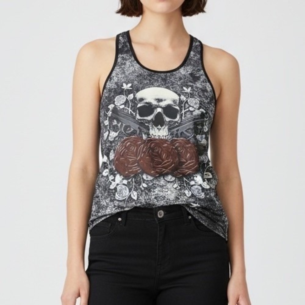Skull Rose Graphic Racerback‎ Tank Top Black Gray Stretch Gothic Women's